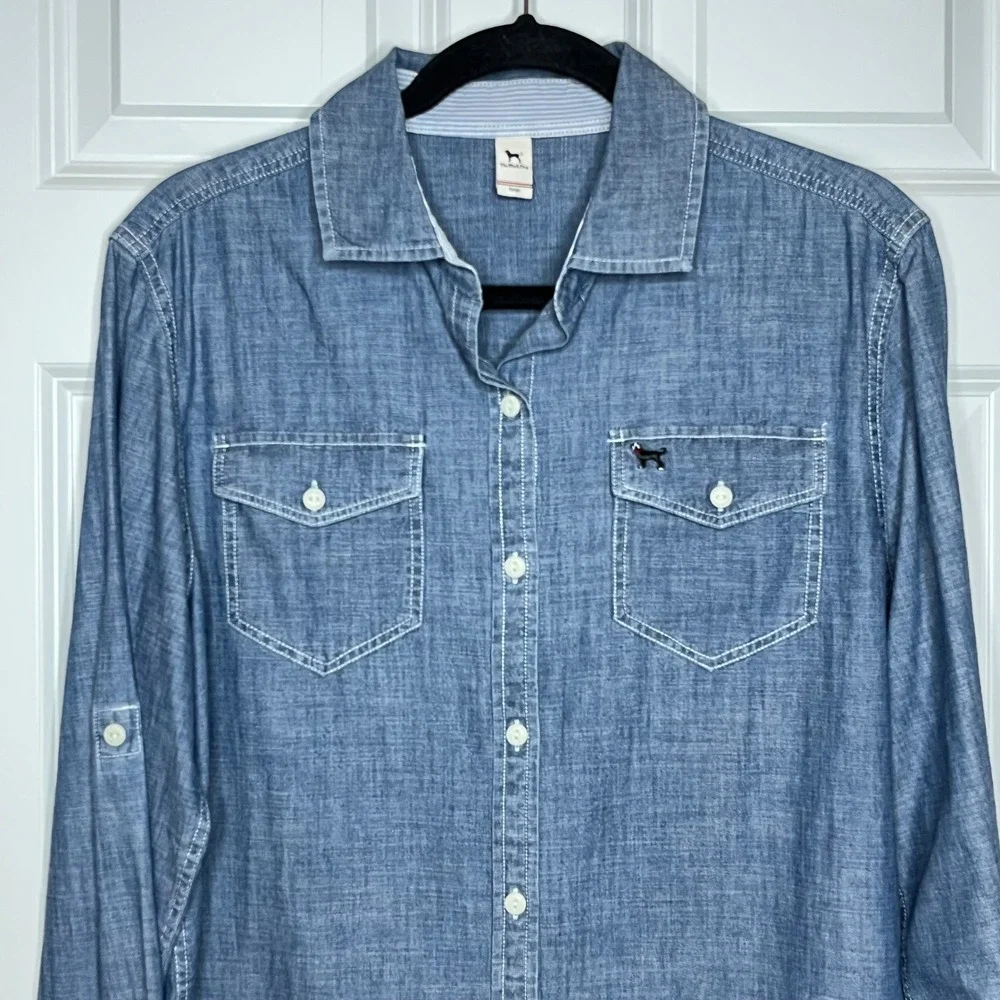 The Black Dog Mens Large Blue Chambray Button‎ Down Shirt Long Sleeve Casual